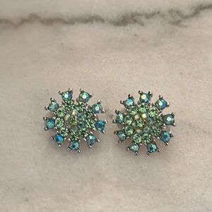Elegant Blue and Green Crystal Clip On Earrings